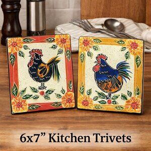 Set of 2 Julie Ueland Rooster Trivet Set – Farmhouse Ceramic Kitchen Decor – 6x7